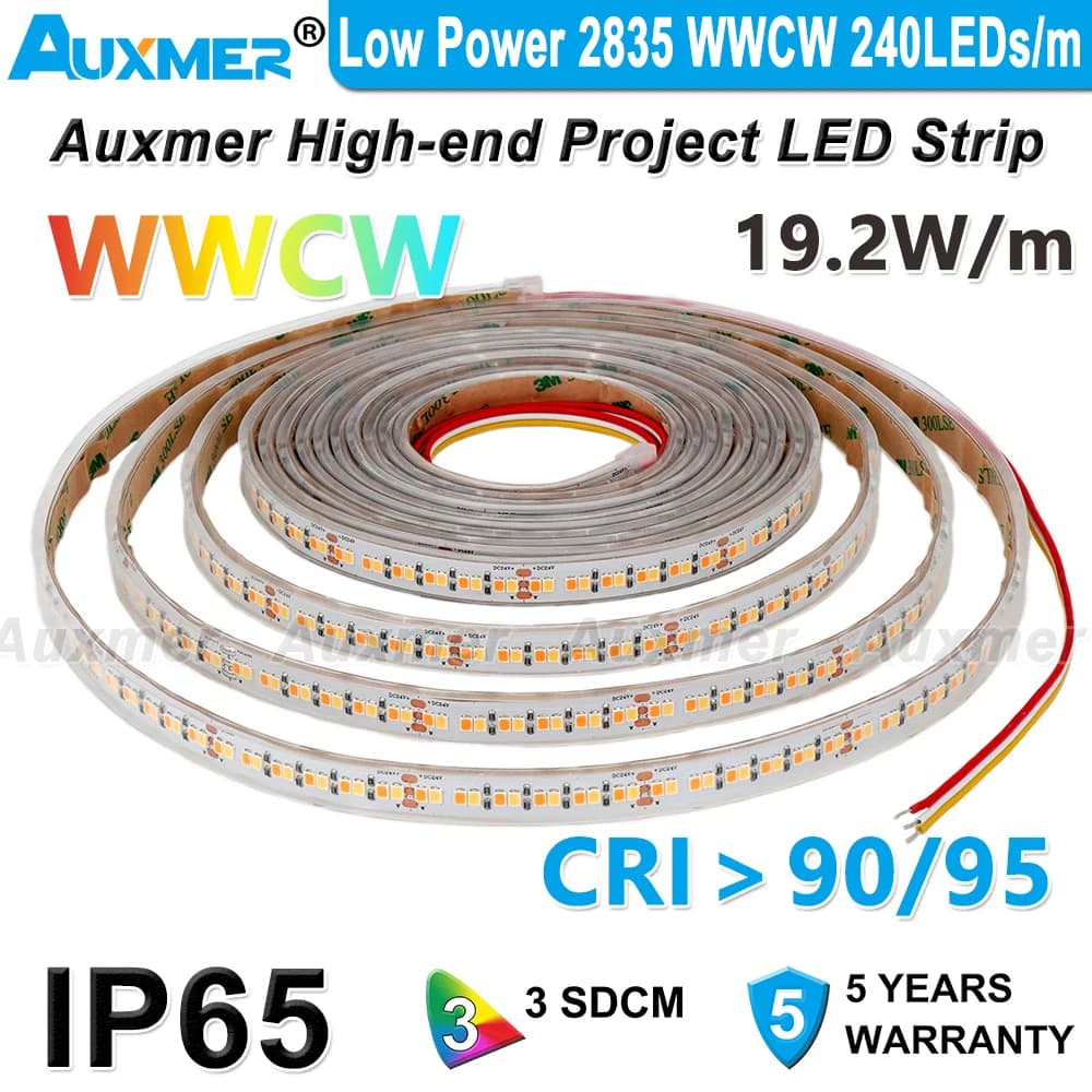 Bande Lumineuse LED WWCW à Faible Puissance, Étanche IP65, CCT 2835 Gible/m 240 W/m, CRI95/90 24V, R