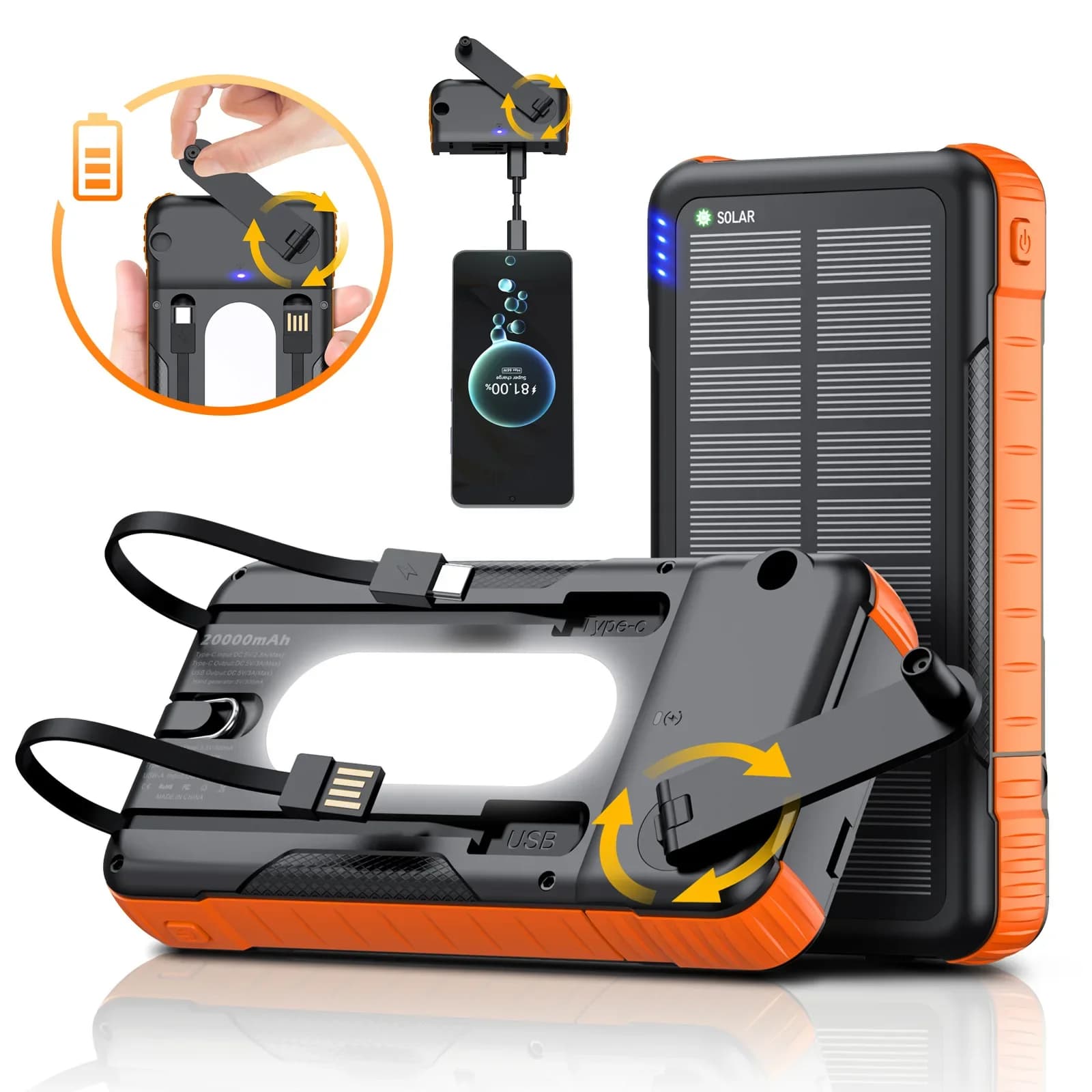 Banque d'énergie solaire à manivelle 20000mAh avec câble lumière LED chargeur Portable extérieur Pow