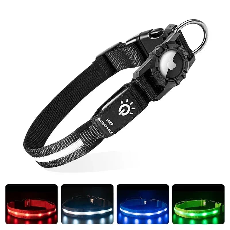 Collier lumineux LED réglable pour chien, rechargeable, robuste, équipé d'un étui AirTag pour chiens