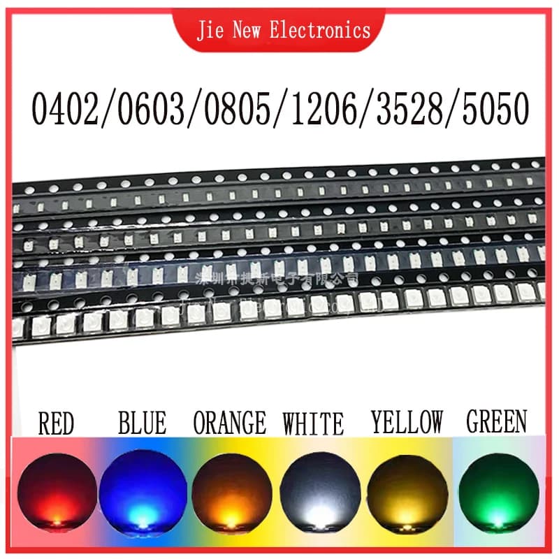 100 pièces 0402 0603 0805 1206 3528 5050 SMD LED rouge jaune vert blanc bleu Orange diode électrolum