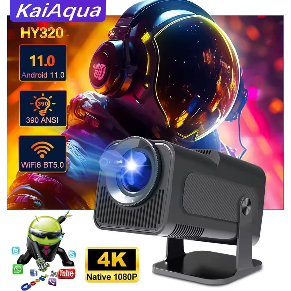 Projecteur KaiAqua HY320 4K Android 11, résolution native 1080P, 390 ANSI lumens, double Wifi 6, BT 