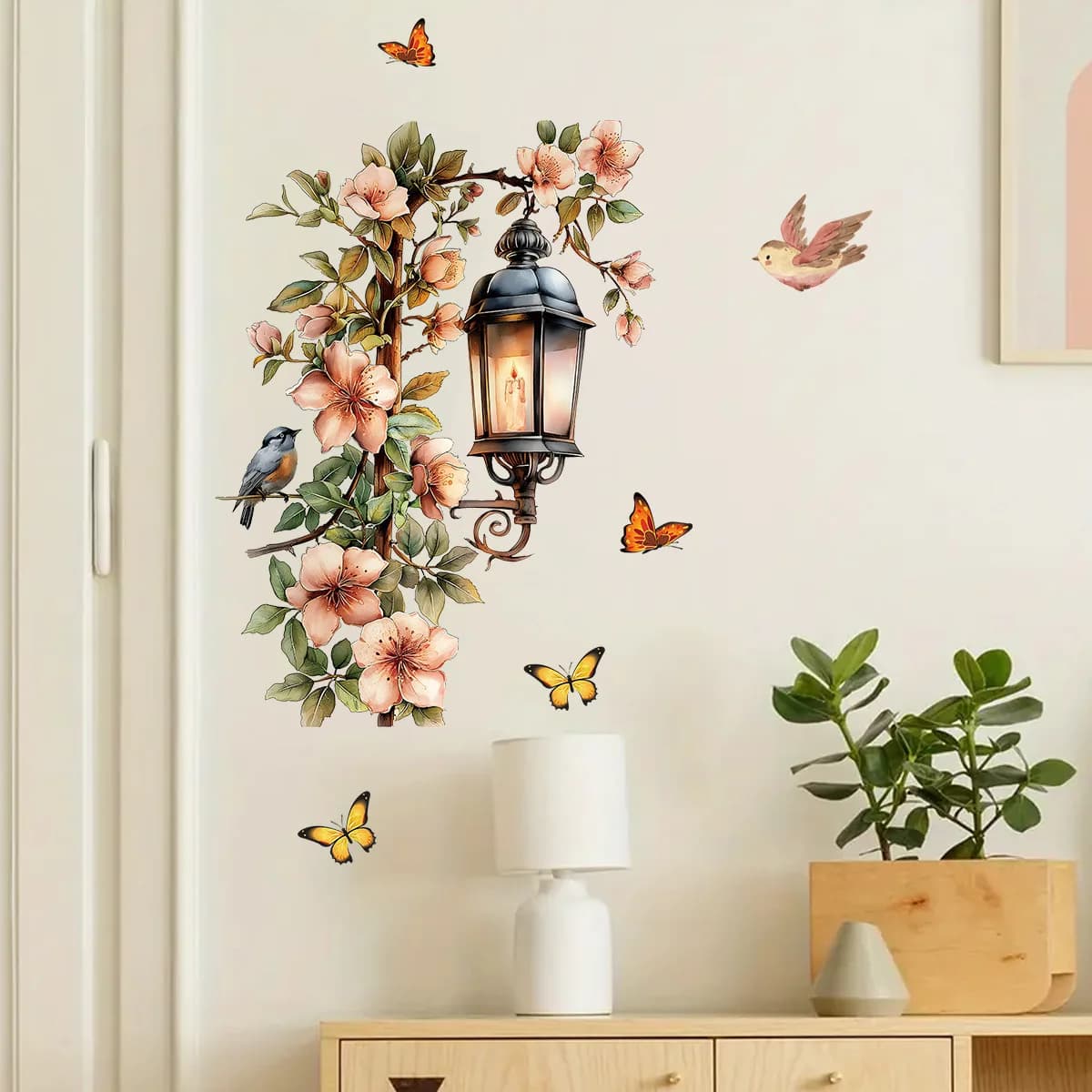 Autocollant mural auto-adhésif en forme de lampe de rue avec motif d'oiseau et de fleurs pour le sal