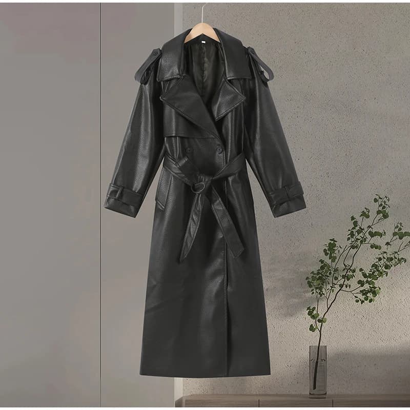 Manteau Long en cuir à lacets pour femme, Double boutonnage, manches longues, ample, couleur unie, v