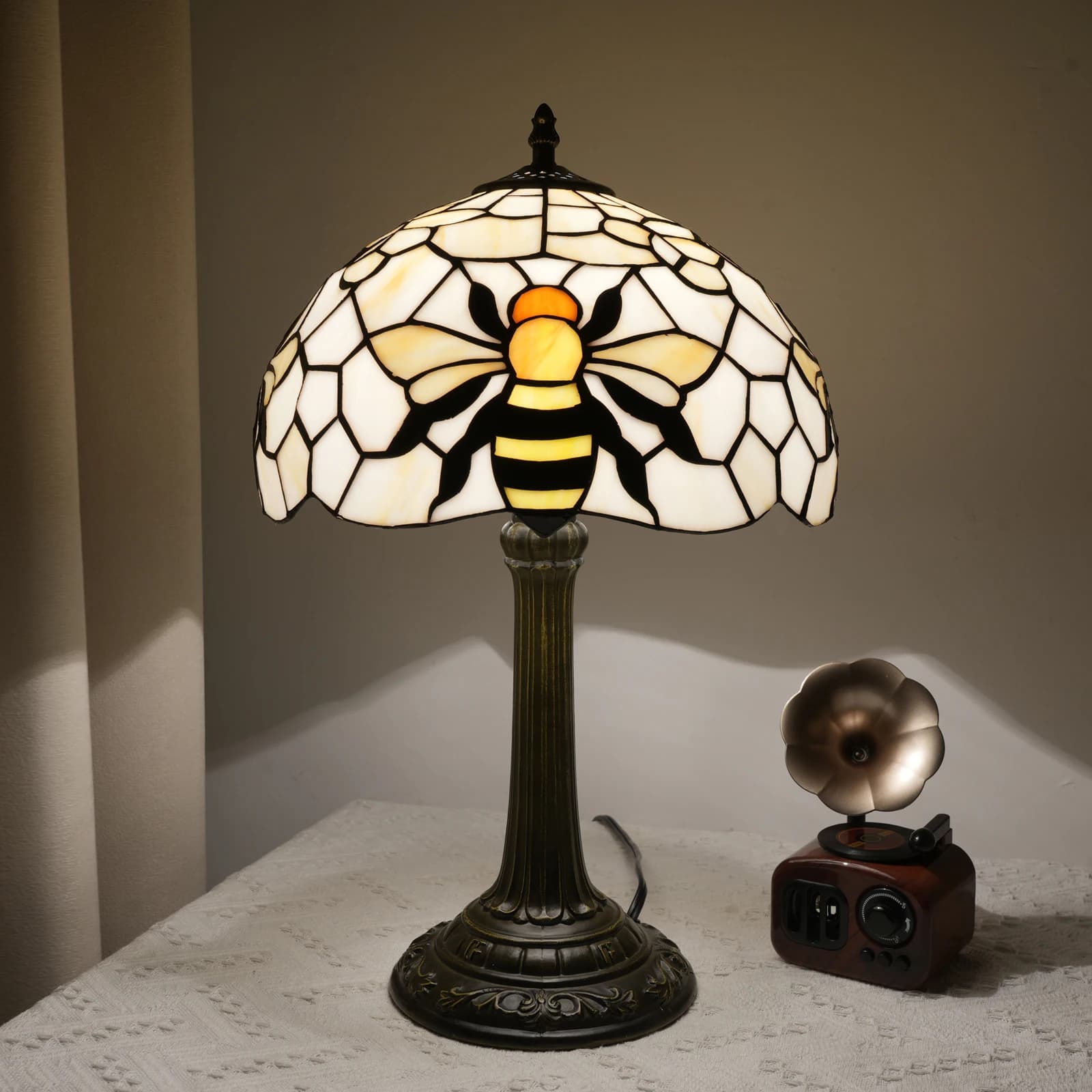 Lampe de table en verre teinté de 12 pouces avec abat-jour en forme de coquille d'abeille, éclairage