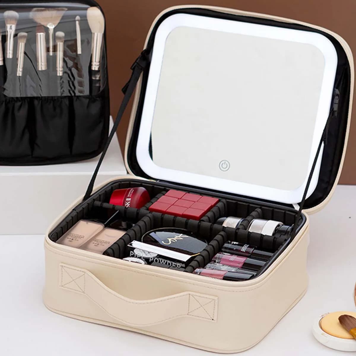 Trousse de maquillage de voyage à lumière LED avec miroir, grande capacité, sac de rangement avancé,