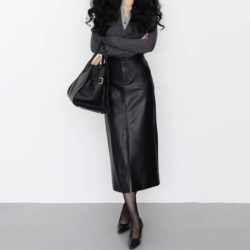 Vêtements d'hiver en cuir pour femmes, ligne a, fendue sur le devant, dos, taille élastique, jupe lo