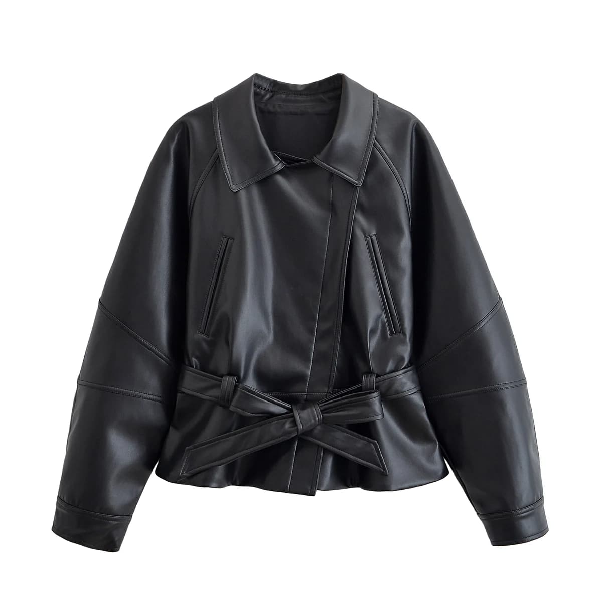 HH femmes mode noir court Faux cuir Trench manteau à manches longues revers veste avec ceinture Vint