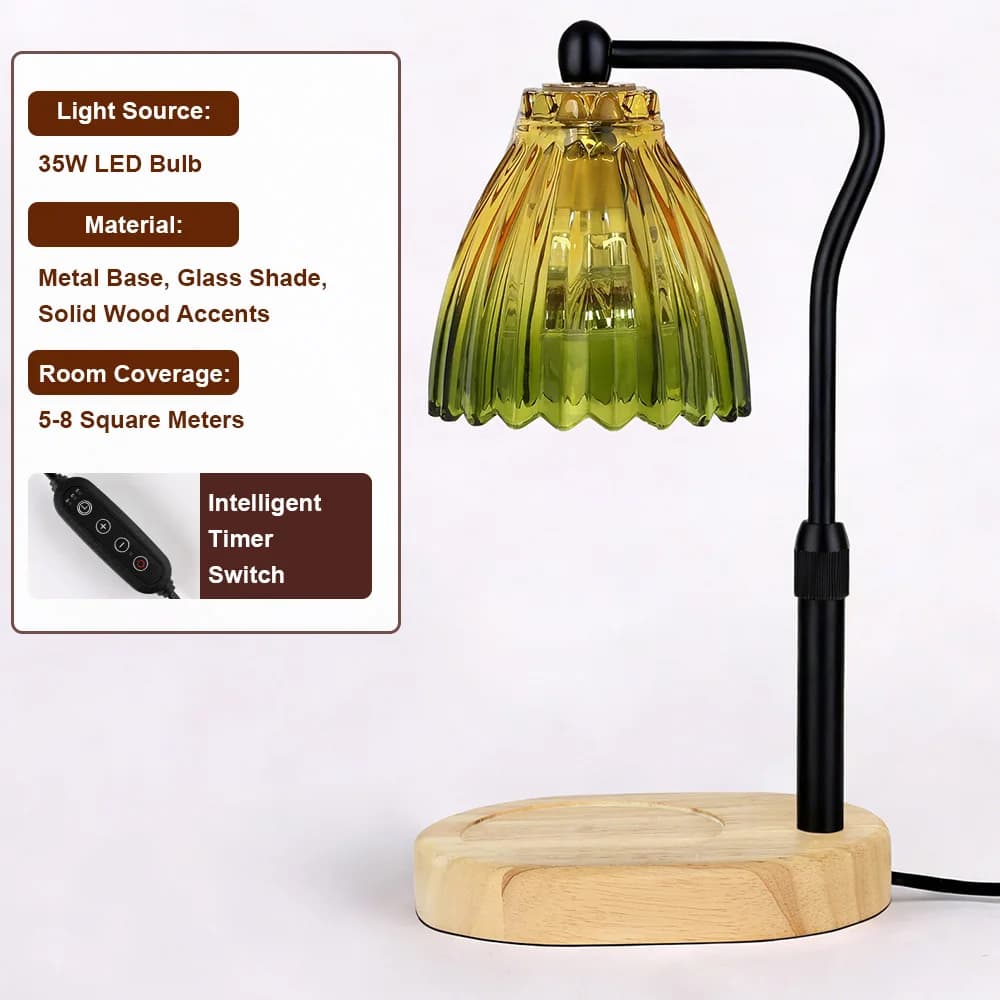 Lampe chauffe-bougie avec minuterie et variateur d'intensité, base en bois rétro, abat-jour en verre