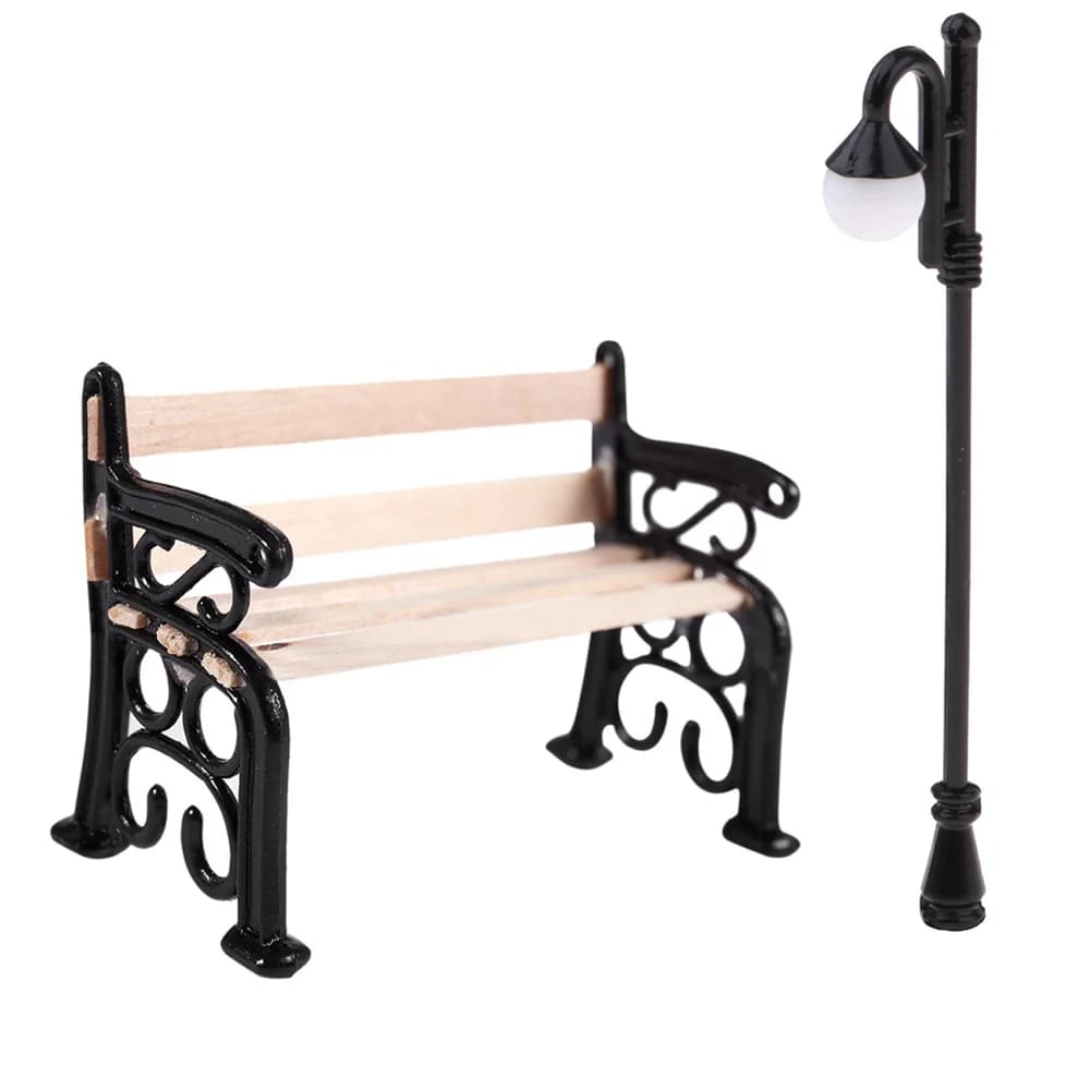 Lampadaire en résine, banc de jardin en bois, figurine miniature pour micro-paysage, ornement pour m