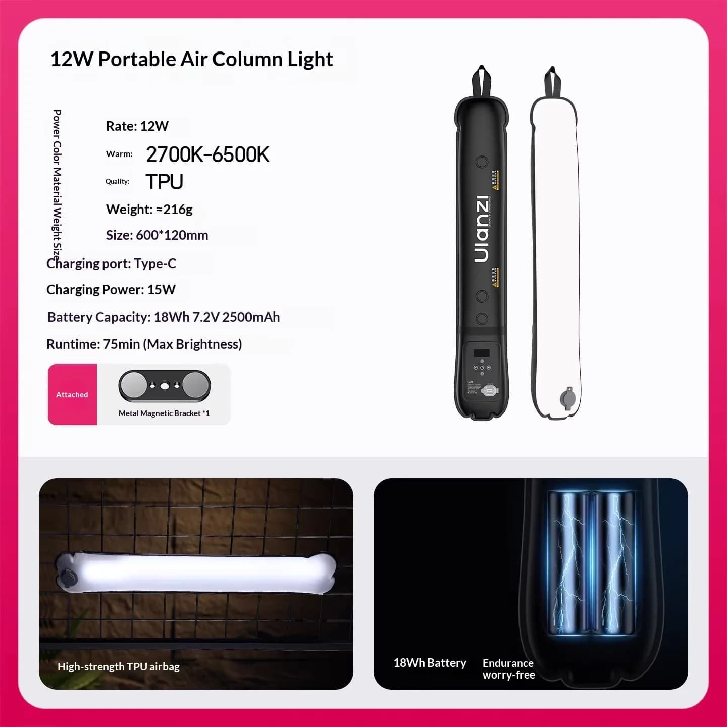 Ulanzi UA20C Lumière vidéo magnétique pliable 20W RGB Tube Light Full Light 1800-10000K CRI 95+ pour