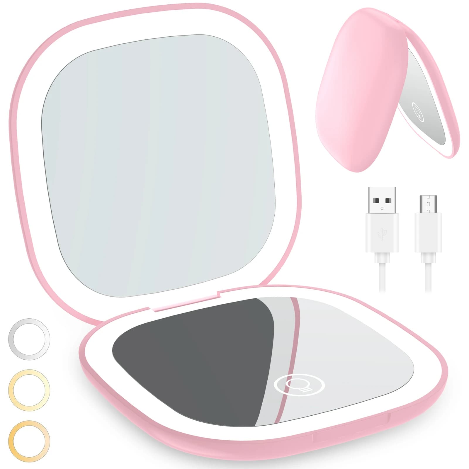 Miroir de maquillage compact LED 90 mm, à intensité variable, double face, grossissement 1X/10X, mir