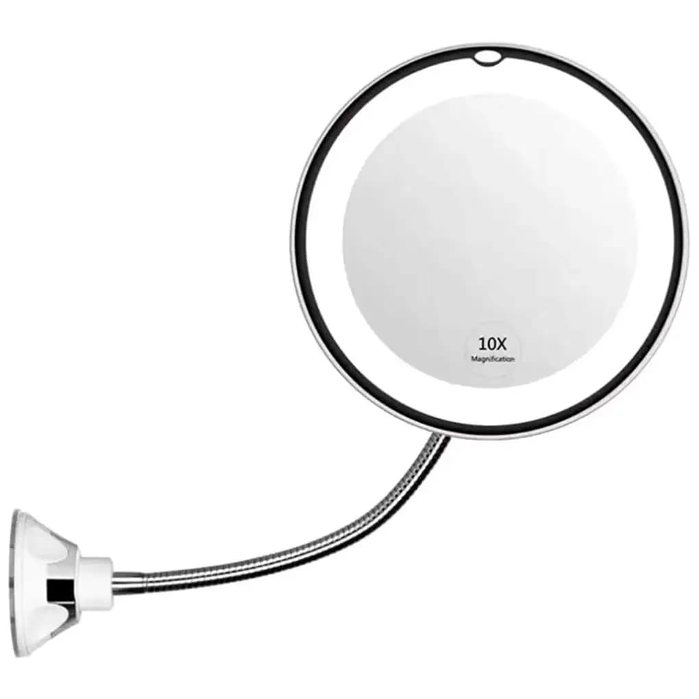 Miroir de maquillage LED grossissant 10X avec col de cygne – Support à ventouse, lumière diffuse et 