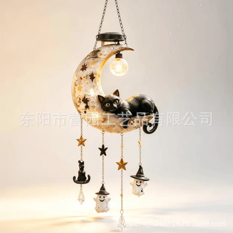 Lampe solaire LED suspendue en forme de chat et de lune, sculpture artistique en résine, lumière de 