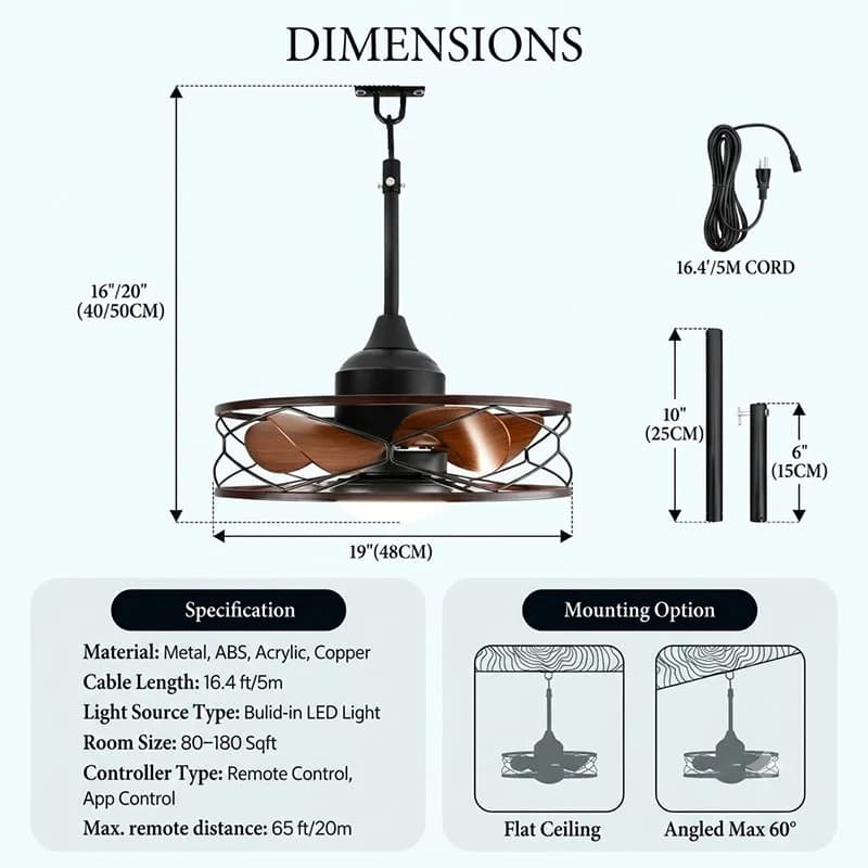 Ventilateur de plafond extérieur 20 pouces avec télécommande, étanche IP65, à brancher, pour cage, t