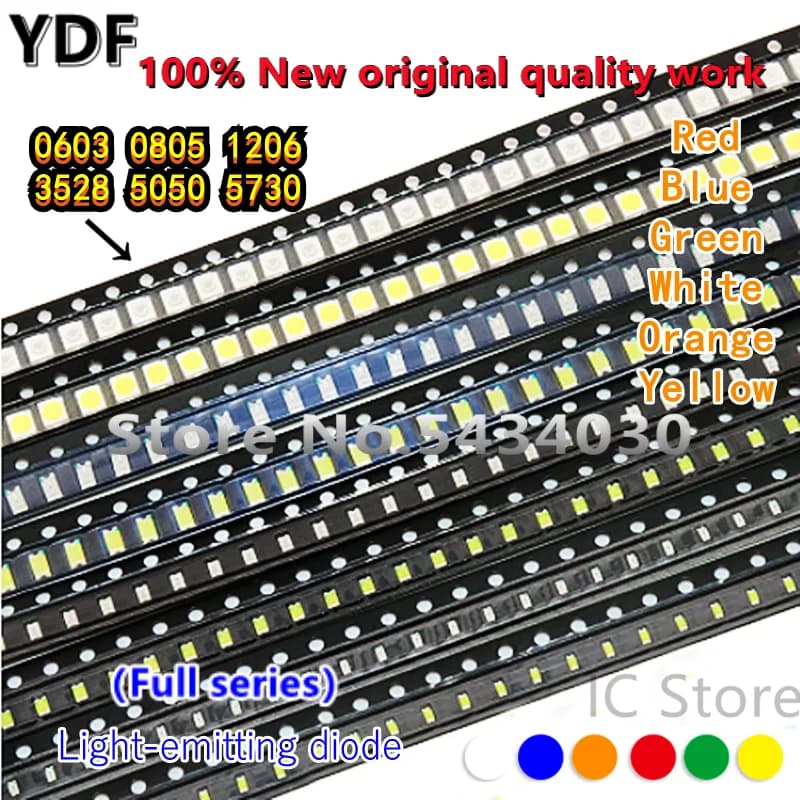 (100 pièces) 0603 0805 1206 3528 5050 5730 SMD Rouge Jaune Vert Blanc Bleu Orange LED Diode Émettric