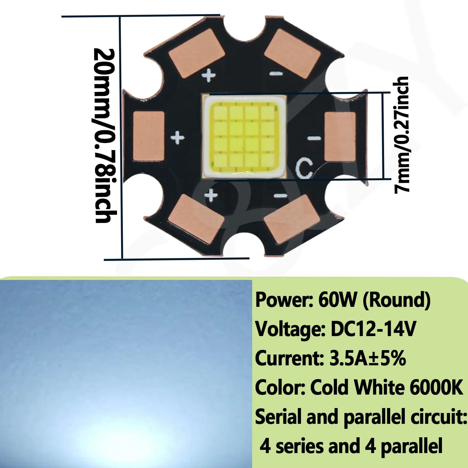 Perles LED 60W DC12-14V en cuivre 3.5A 4.5A, lampe à puce LED 4200LM pour accessoires de Scooter, fe