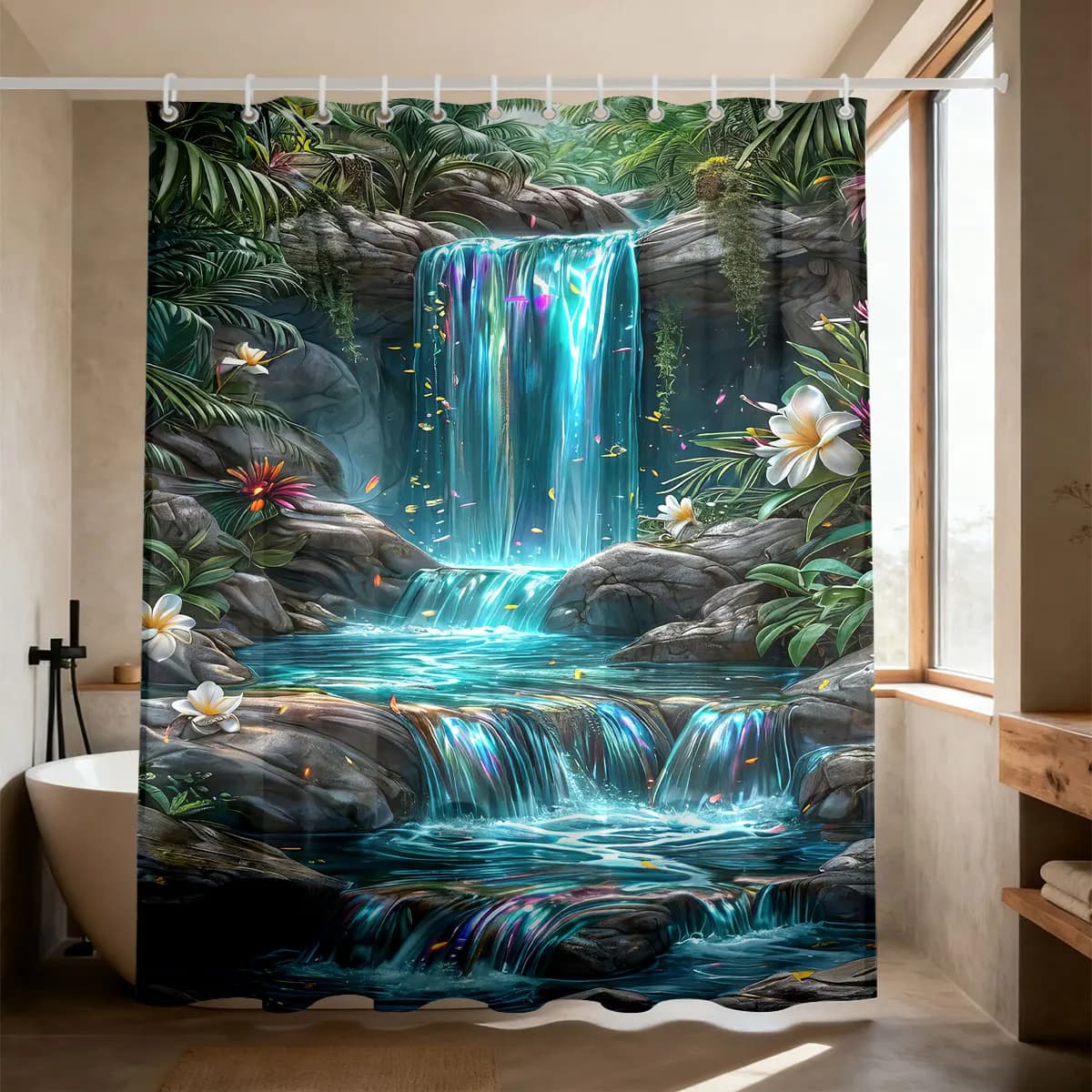 1 rideau de douche imprimé paysage cascade, multi-tailles, rideau de séparation pour l'intimité avec