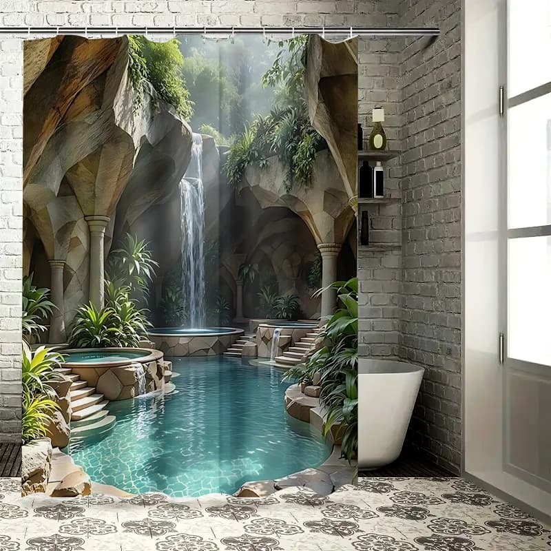 Rideau de douche Oasis tropicale exquis avec cascade en cascade et verdure luxuriante pour la décora