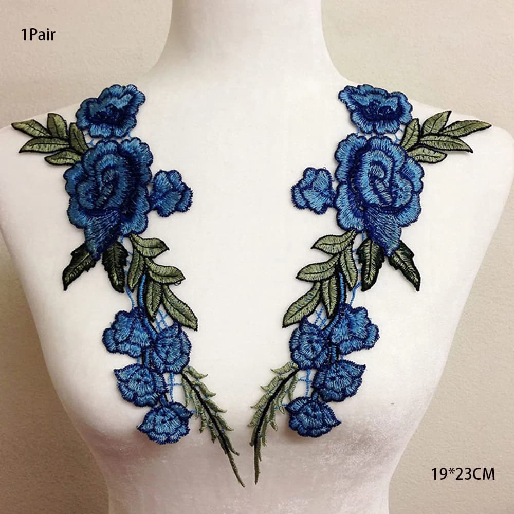 Patchs brodés de fleurs bleues délicates, tissu pour robe Cheongsam, accessoires pour vêtements, cou