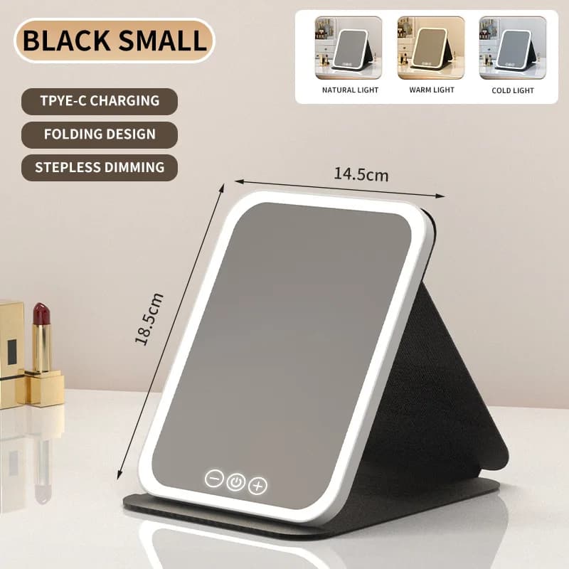Miroir de maquillage LED portable et pliable avec écran tactile, 3 couleurs de lumière, gradation pr