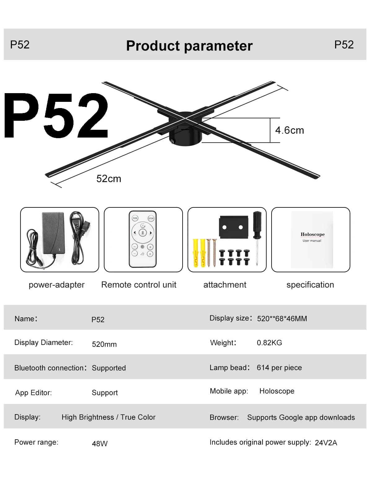 Projecteur holographique 3D de 52 cm, ventilateur, affichage Wifi, publicité, logo, lumière LED, ens