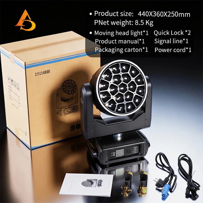 Projecteur LED 19x15W Bee-Eye Zoom Moving Head avec anneau halo DMX512, idéal pour mariages, bars, d