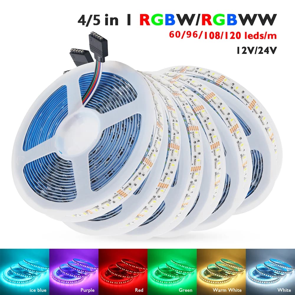Bande lumineuse LED 12V 24V RGBW RGBWW RGB CCT, 4 5 couleurs en 1, puce SMD 5050 60 108 120Led/M 5M,