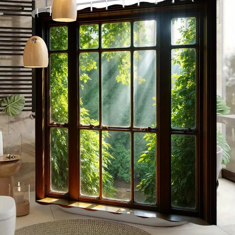 Rideau de douche avec vue sur fenêtre, forêt, verdure, faisceau de lumière du soleil, scène naturell
