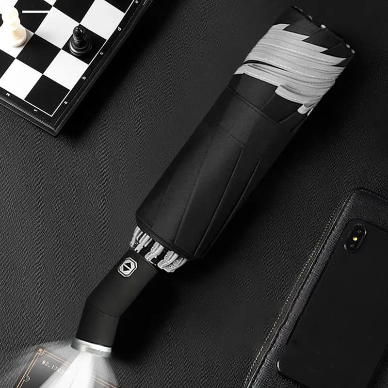 Parapluie automatique coupe-vent avec lampe de poche LED, bande réfléchissante, feu de recul, grande
