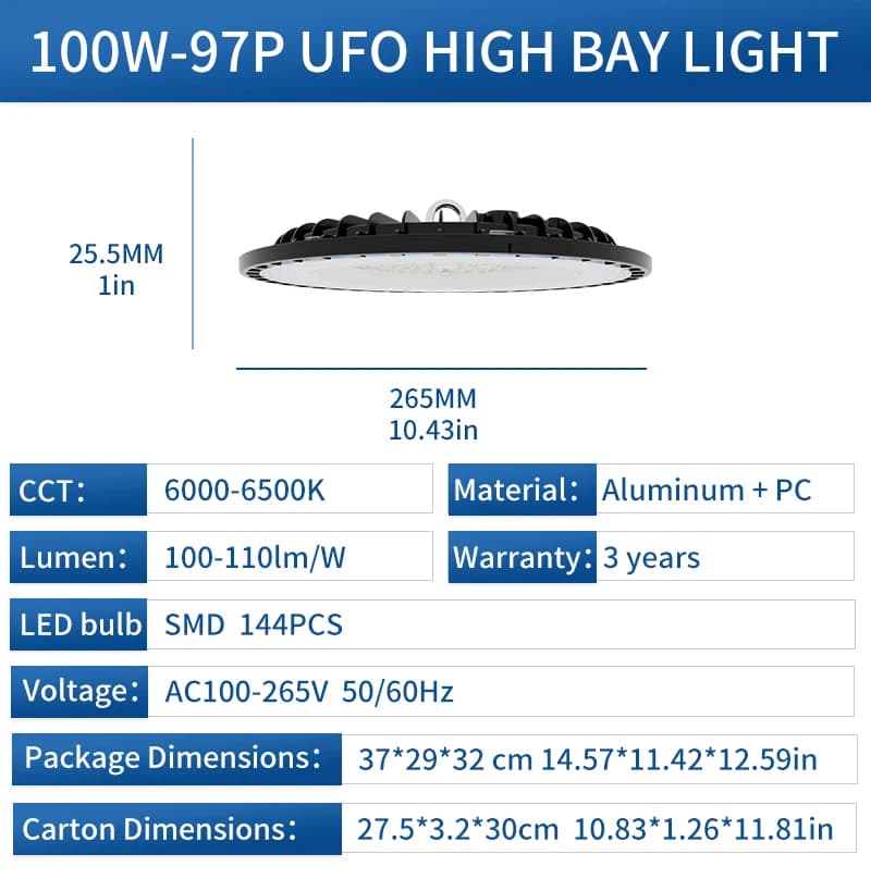 Pack de 4 lampes LED UFO High Bay 100-200W 30000LM, 120 ° Angle de faisceau large, blanc lumière d