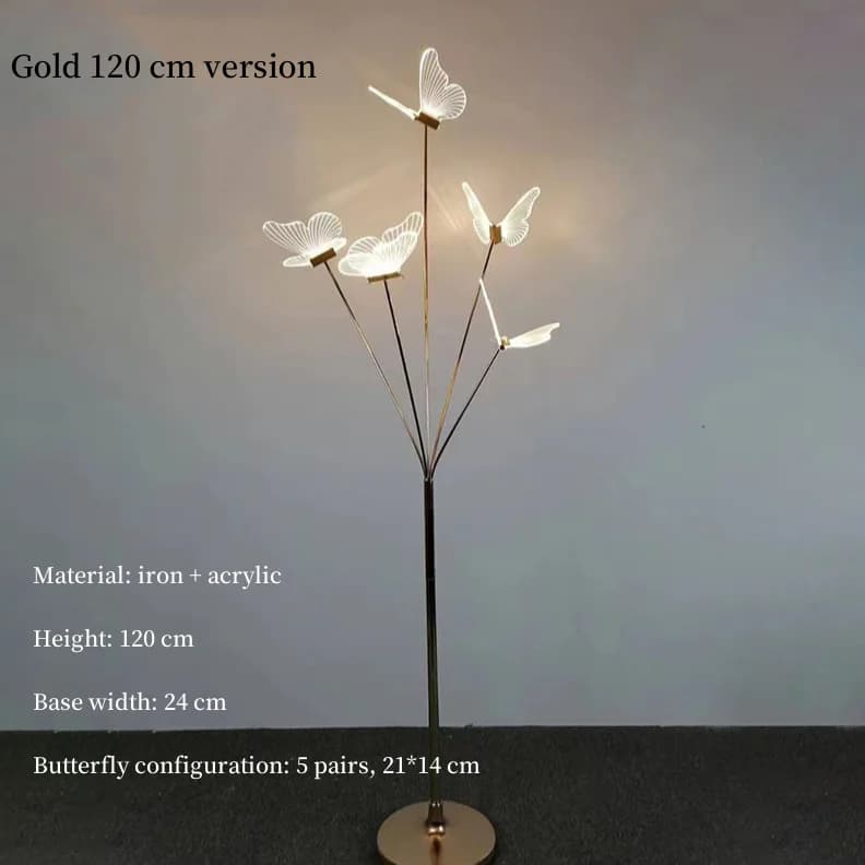 Lampe sur pied décorative en acrylique, design luxueux, 5 papillons décoratifs, pour mariage ou fête
