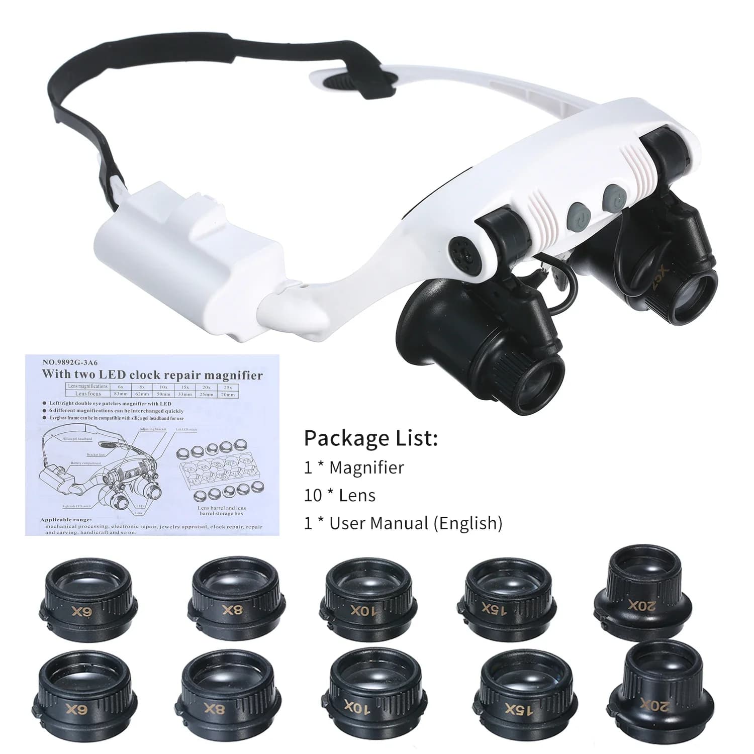 Loupe de lunettes avec 2 lumières LED, 6 lentilles de resubdivision 6X 8X 10X 15X 20X 25X Loupe écla