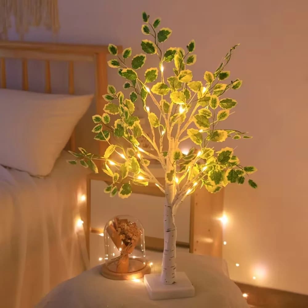 Lampes d'arbre artificielles en feuilles de bouleau vertes, 24 LED, 2 pieds, alimentées par piles, l