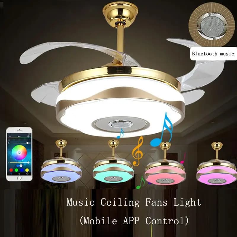Ventilateur de plafond musical avec lumières LED, alliage moderne, acrylique, ABS, Bluetooth Plafonn