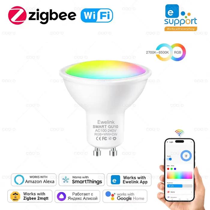 Zigbee GU10 lampe à LED Wifi projecteur intelligent Lampara 5W 110V 220V RGB + C + W ampoule à inten