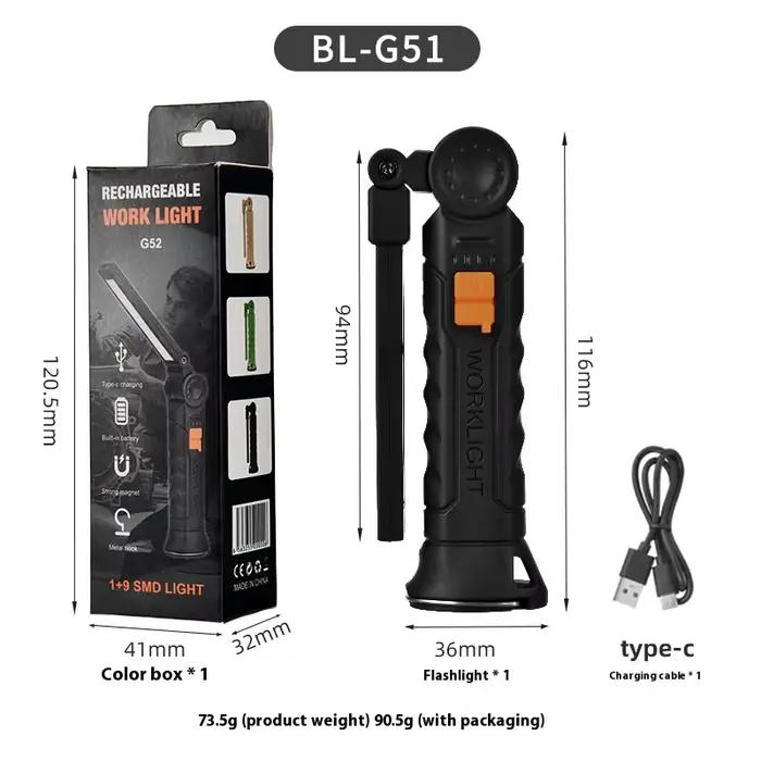 450LM COB LED Lampe de Poche USB-C 800mA Travail Lumière Magnétique 360 ° Garage Réparation Inspecti