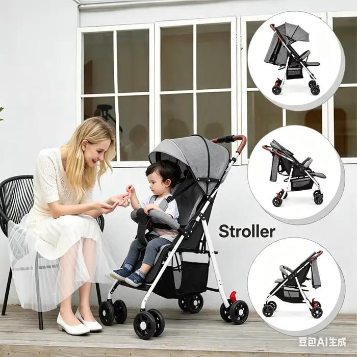 Poussette bébé pliable à une touche, 4 roues, légère, pour voyage, avec siège inclinable à plat, pli