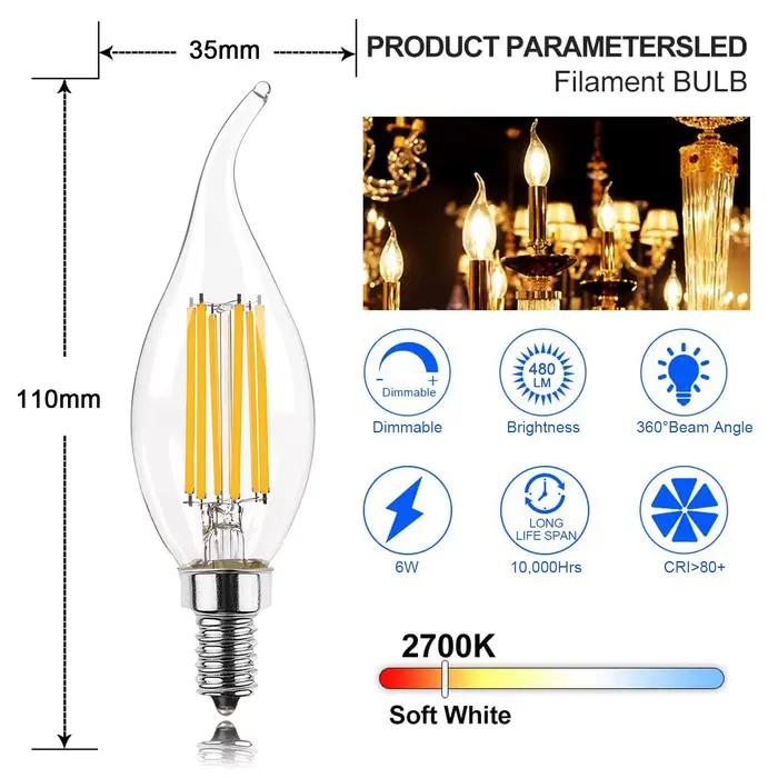 Ampoules LED Dimmables pour Lustre à Base Candelabre E12 E14, 6W, C35, Décoratives, Forme Flamme de