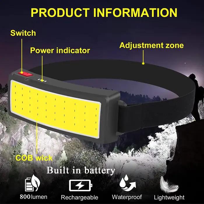 COB 180 ° Projecteur LED lampe frontale lampe de poche 3 Modes intégré USB batterie Rechargeable l
