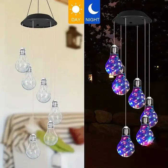 1 paquet de lumières colorées ampoule solaire carillons éoliens suspendus 6 pendentifs LED carillons