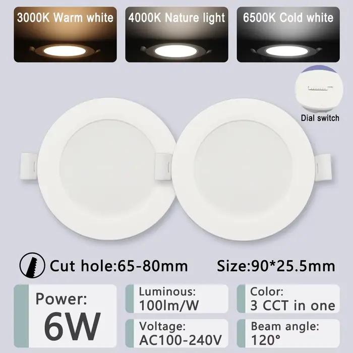Lot de 2 spots LED encastrables CCT à interrupteur rotatif 100-240V 3000K/4000K/6500K, plafonnier ro