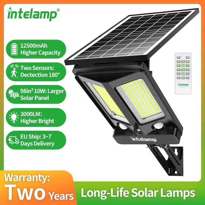 Lampe solaire extérieure Intelamp 12500 mAh 3000 LM avec deux capteurs, grand panneau solaire, éclai
