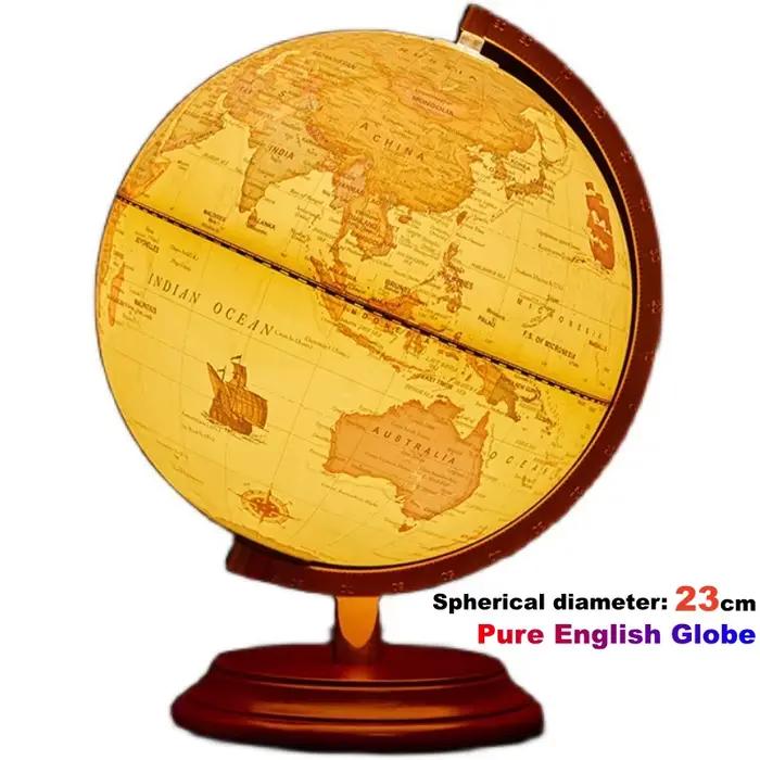 Globe terrestre en anglais pur Φ23cm, globe pédagogique de bureau avec lampe LED, base en bois rétro
