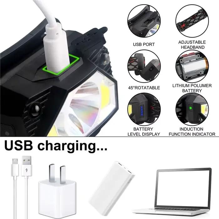 Lot de 2 lampes frontales LED étanches avec capteur de lumière, rechargeables par USB, idéal pour le