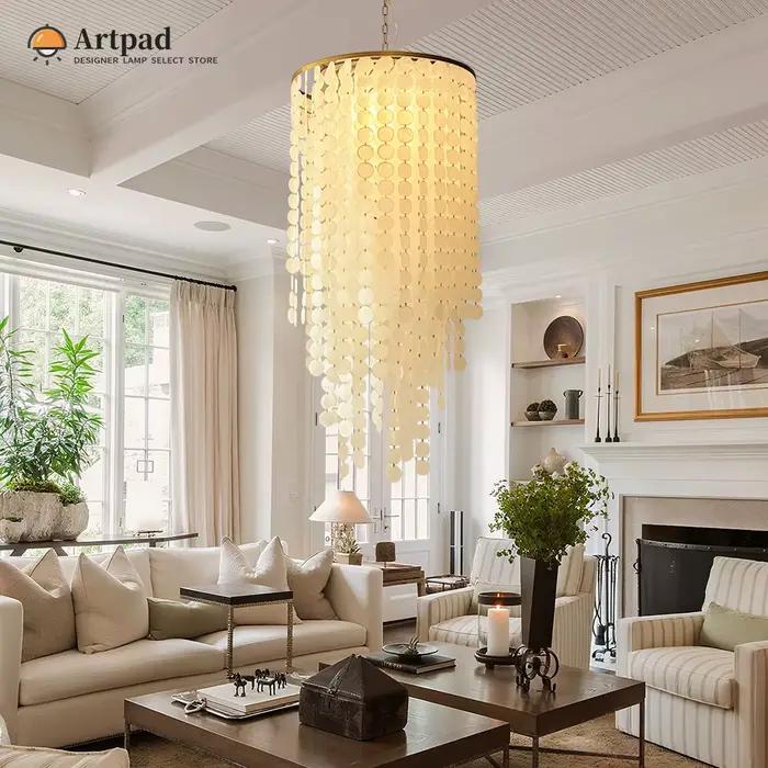 Lustre en coquille naturelle blanche, lampe suspendue moderne verticale longue et ronde avec cadre d