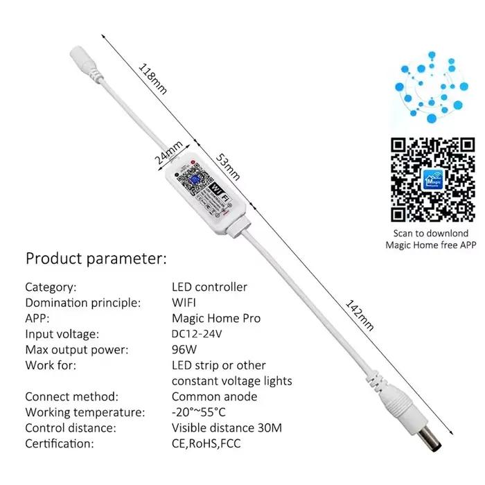 Variateur LED monochrome, contrôleur WiFi, DC 12V 24V 96W, application intelligente, contrôle de gra