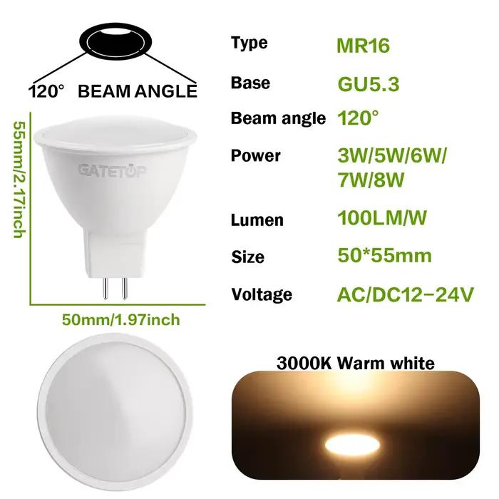 Projecteur LED MR16 GU5.3 12V/24V AC/DC, puissance 3W-8W 38, 1 à 20 pièces ° 120 ° Lampe de rempla