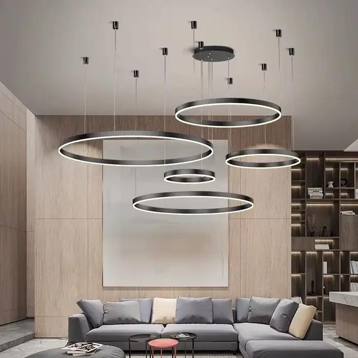 Anneaux en aluminium modernes lustres Simple acrylique pendentif LED lumières salon salle à manger maison Restaurant décor luminaires