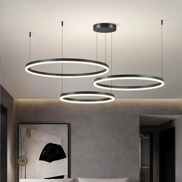 Anneaux en aluminium modernes lustres Simple acrylique pendentif LED lumières salon salle à manger maison Restaurant décor luminaires