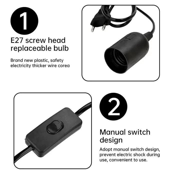 Câbles de cordon d'alimentation de 1.8m, douille d'ampoule E27, support de Base de lampe à dents complètes avec fil de commutation pour ampoules Led, luminaire suspendu